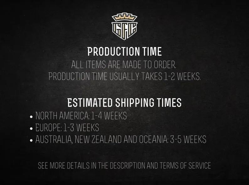 Informational text about production time and estimated shipping times on a black background with a logo.