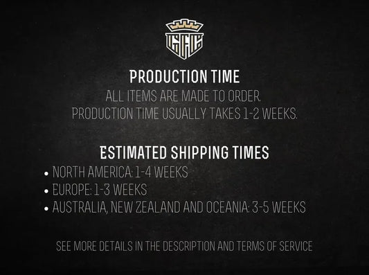 Informational text about production time and estimated shipping times on a black background with a logo.