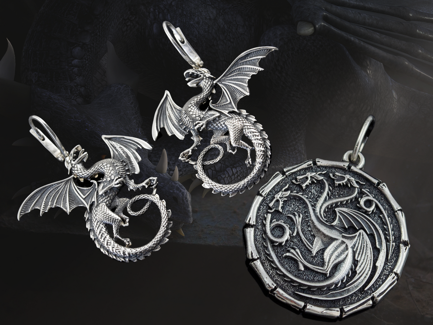 {{jewelry_for_geeks}} - {{ GameFanCraft}} Set Sterling Silver Targaryen Dragon Jewelry Gift Set