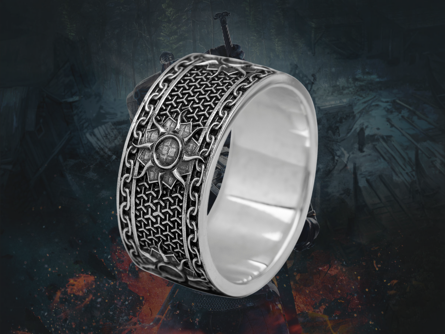 {{jewelry_for_geeks}} - {{ GameFanCraft}} Ring Silver Nilfgaard Sun Ring from the Witcher World