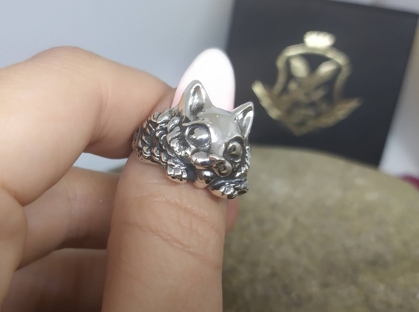 {{jewelry_for_geeks}} - {{ GameFanCraft}} Ring Silver Cat Ring with Big Eyes