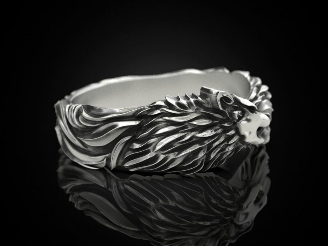{{jewelry_for_geeks}} - {{ GameFanCraft}} Ring Silver Sleeping Wolf band ring, animal design jewelry