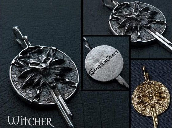 {{jewelry_for_geeks}} - {{ GameFanCraft}} Pendant Silver Witcher Wolf Head Pendant with Swords