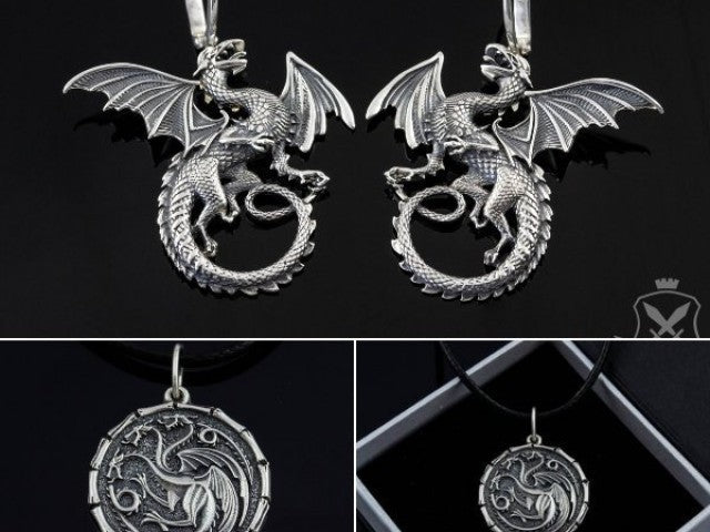 {{jewelry_for_geeks}} - {{ GameFanCraft}} Set Sterling Silver Targaryen Dragon Jewelry Gift Set