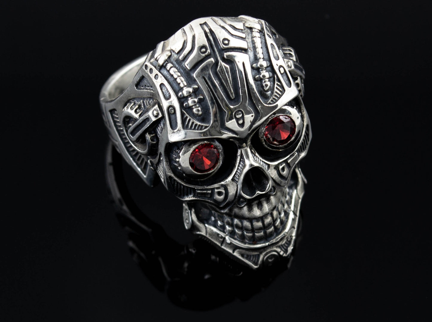 {{jewelry_for_geeks}} - {{ GameFanCraft}} Ring Silver Cyberpunk Smiling Skull Ring