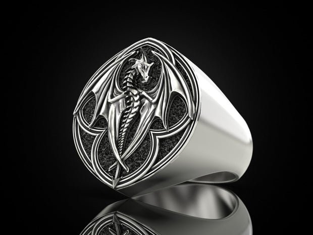 {{jewelry_for_geeks}} - {{ GameFanCraft}} Jewelry Silver Flying Fire Dragon chunky ring