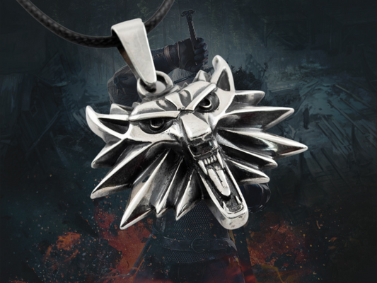 {{jewelry_for_geeks}} - {{ GameFanCraft}} Pendant Silver Wolf Head Witcher Medallion