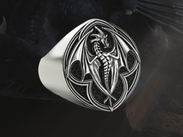 {{jewelry_for_geeks}} - {{ GameFanCraft}} Jewelry Silver Flying Fire Dragon chunky ring