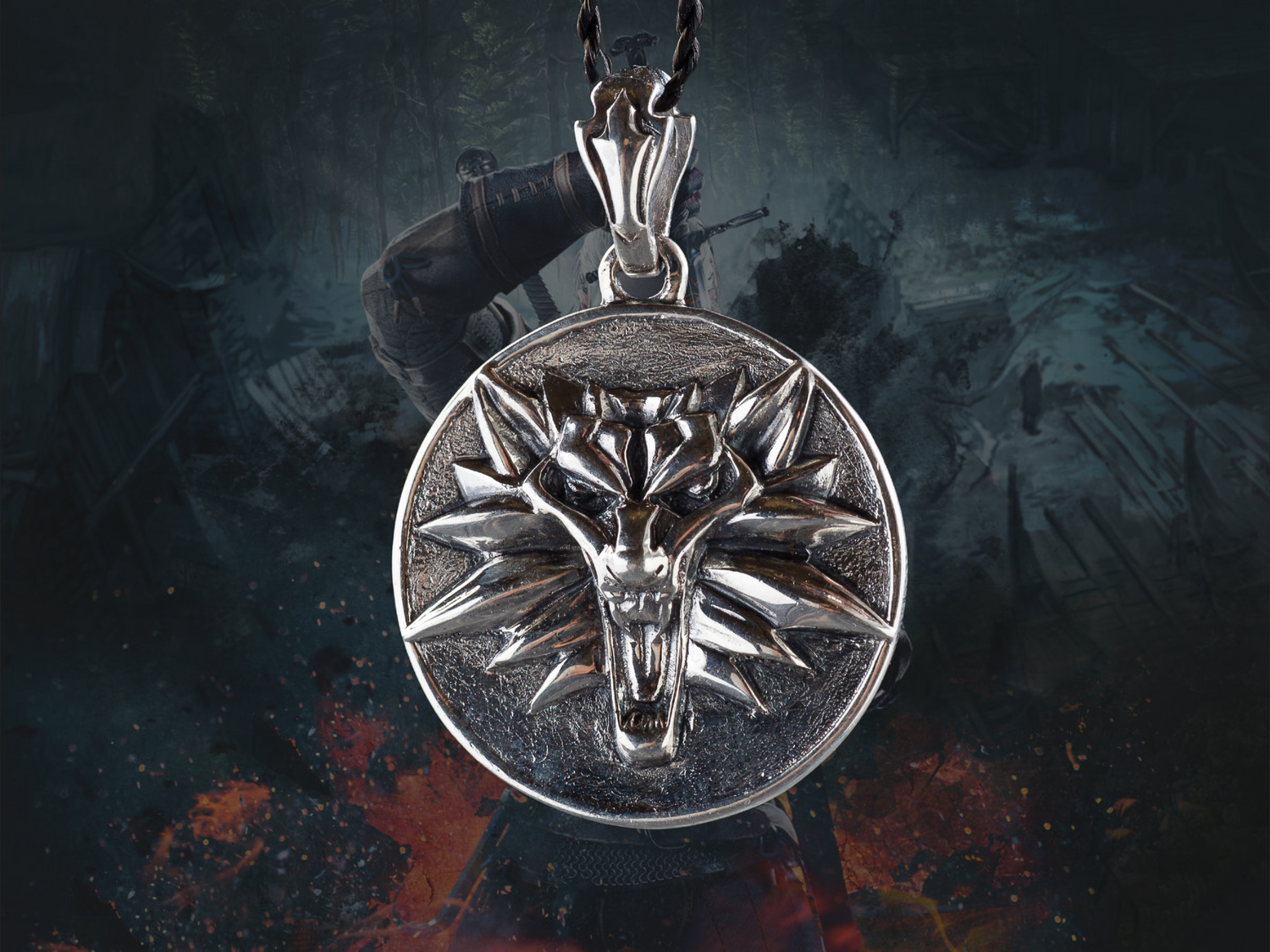 {{jewelry_for_geeks}} - {{ GameFanCraft}} Pendant Silver Witcher Wolf head medallion