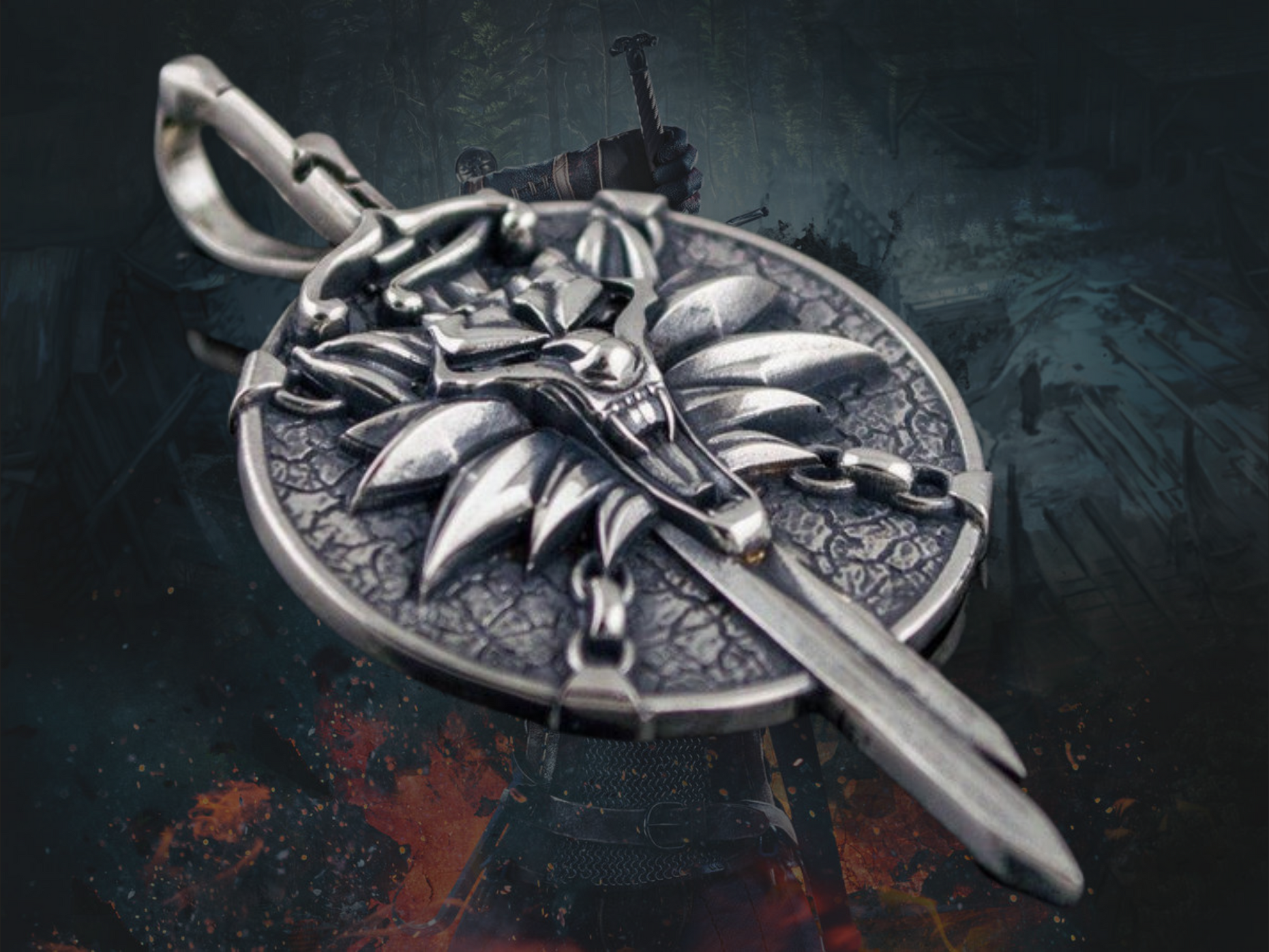 {{jewelry_for_geeks}} - {{ GameFanCraft}} Pendant Silver Witcher Wolf Head Pendant with Swords