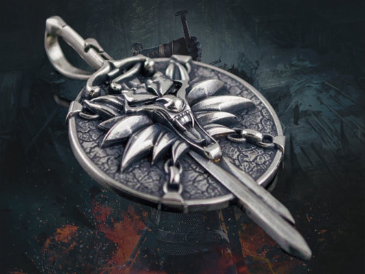 {{jewelry_for_geeks}} - {{ GameFanCraft}} Pendant Silver Witcher Wolf Head Pendant with Swords