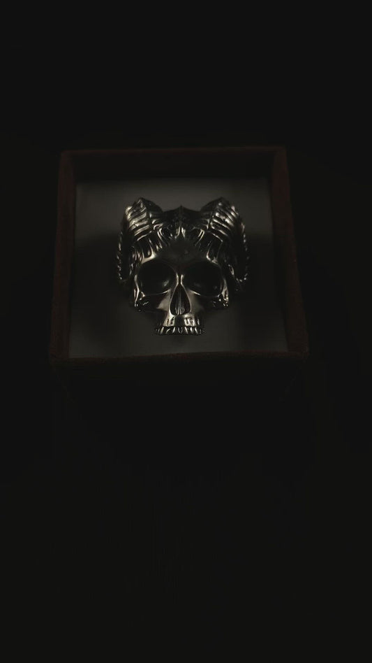 Silver Handmade Horned Demon Skull Ring