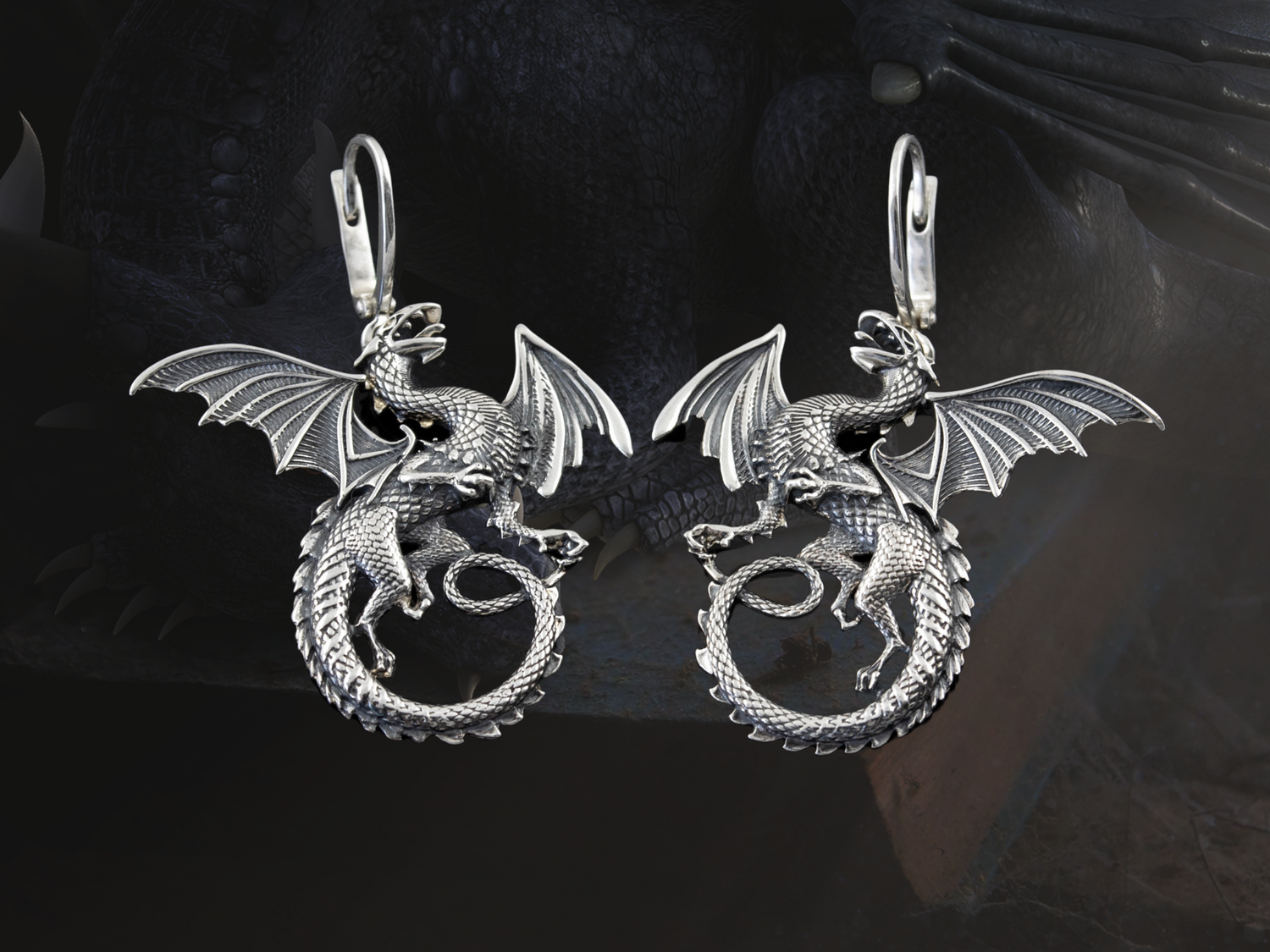 {{jewelry_for_geeks}} - {{ GameFanCraft}} Earrings Silver Flying Dragon Earrings