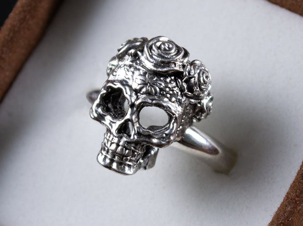 {{jewelry_for_geeks}} - {{ GameFanCraft}} Ring Silver Halloween Floral Mexican Skull Ring