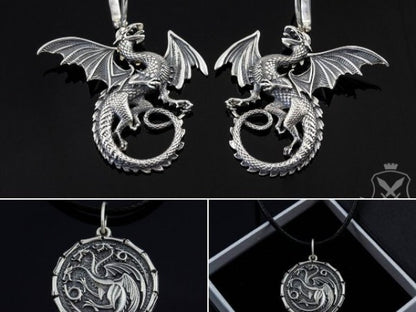 {{jewelry_for_geeks}} - {{ GameFanCraft}} Set Sterling Silver Targaryen Dragon Jewelry Gift Set