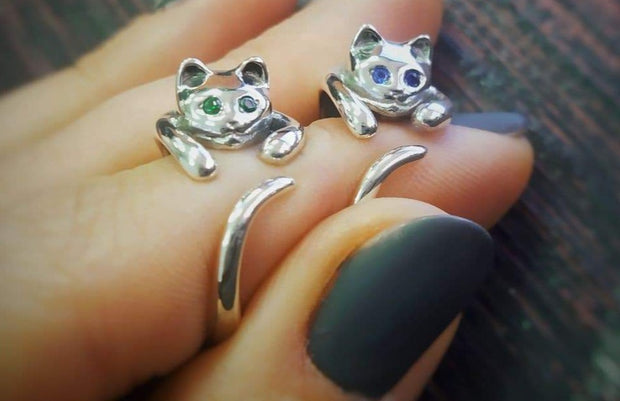 {{jewelry_for_geeks}} - {{ GameFanCraft}} Ring Silver Cat Ring with gemstones